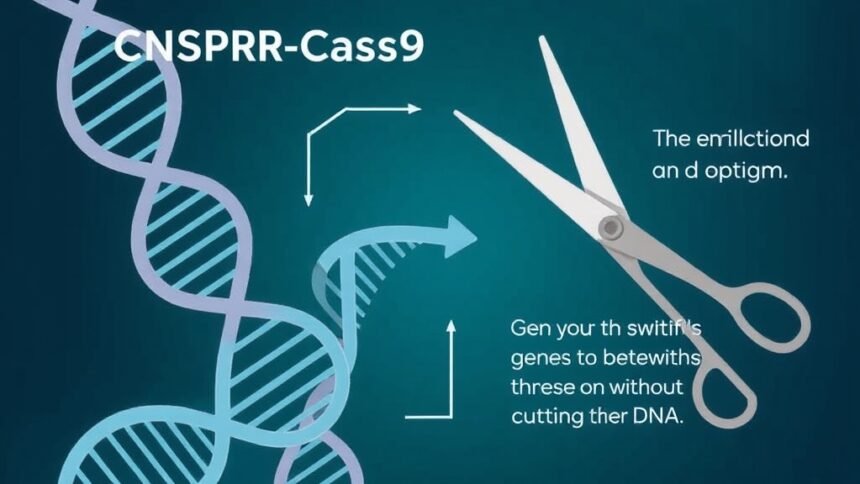 An illustration of the CRISPR-Cas9 system, with a DNA double helix and a pair of scissors or a cutting tool, highlighting the new breakthrough that allows genes to be turned on without cutting the DNA.