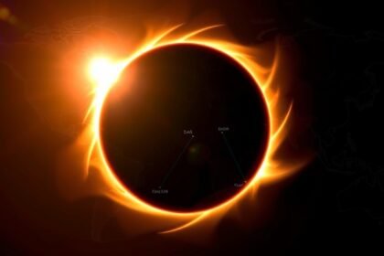 A dramatic illustration of a solar eclipse with a ring of fire visible in the sky, set against a backdrop of a global map showing the path of the eclipse across 18 countries.