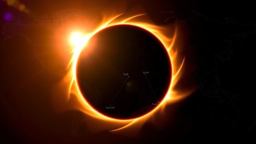 A dramatic illustration of a solar eclipse with a ring of fire visible in the sky, set against a backdrop of a global map showing the path of the eclipse across 18 countries.