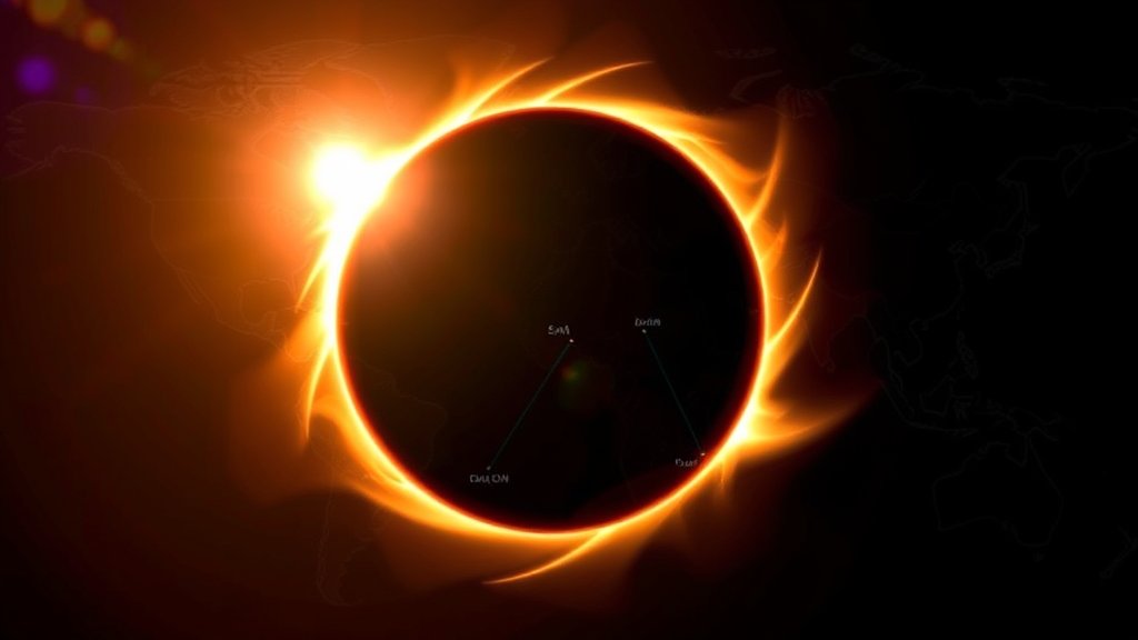 A dramatic illustration of a solar eclipse with a ring of fire visible in the sky, set against a backdrop of a global map showing the path of the eclipse across 18 countries.