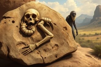 A detailed illustration of the Australopithecus prometheus fossil, with a human ancestor in the background, set against a prehistoric landscape.