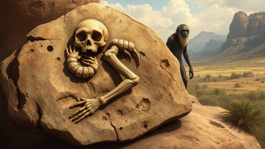 A detailed illustration of the Australopithecus prometheus fossil, with a human ancestor in the background, set against a prehistoric landscape.