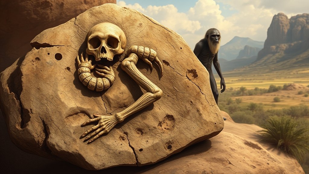 A detailed illustration of the Australopithecus prometheus fossil, with a human ancestor in the background, set against a prehistoric landscape.
