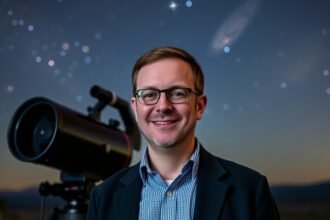 A portrait of Dr. Andrew Vanderburg standing in front of a telescope, with a starry night sky in the background, and a subtle hint of a planet or galaxy in the distance.