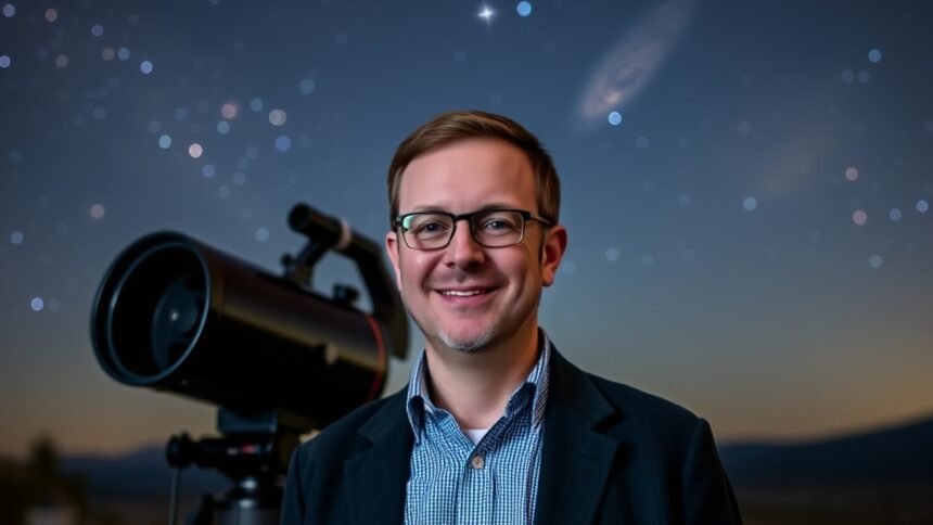 A portrait of Dr. Andrew Vanderburg standing in front of a telescope, with a starry night sky in the background, and a subtle hint of a planet or galaxy in the distance.