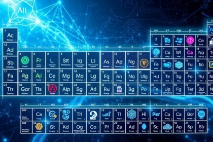 A futuristic illustration of a periodic table for artificial intelligence, with various elements and symbols representing different AI concepts and applications