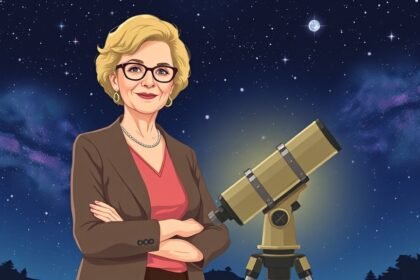 An illustration of Professor Marcia Rieke standing in front of a telescope, with a starry night sky in the background, symbolizing her contributions to astronomy and the empowerment of women in science.