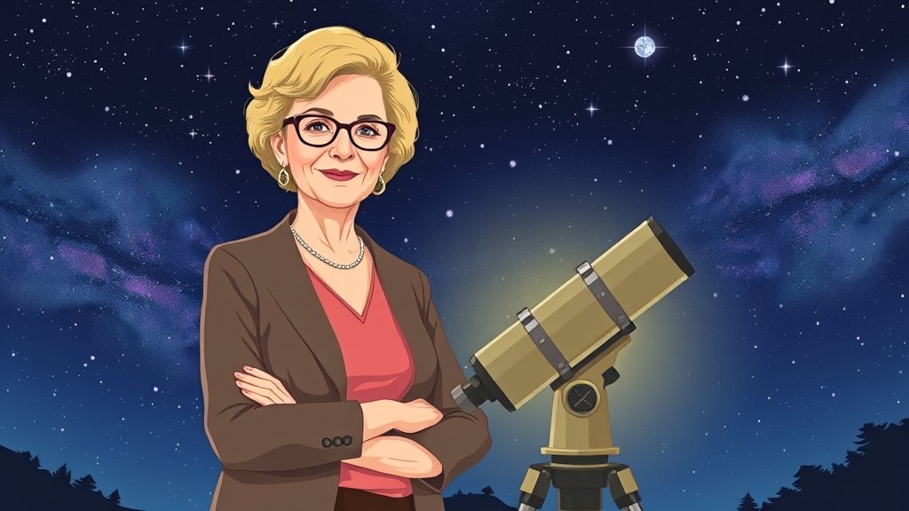 An illustration of Professor Marcia Rieke standing in front of a telescope, with a starry night sky in the background, symbolizing her contributions to astronomy and the empowerment of women in science.