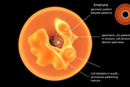 An illustration of a developing embryo with highlighted geometric patterns and cell division processes