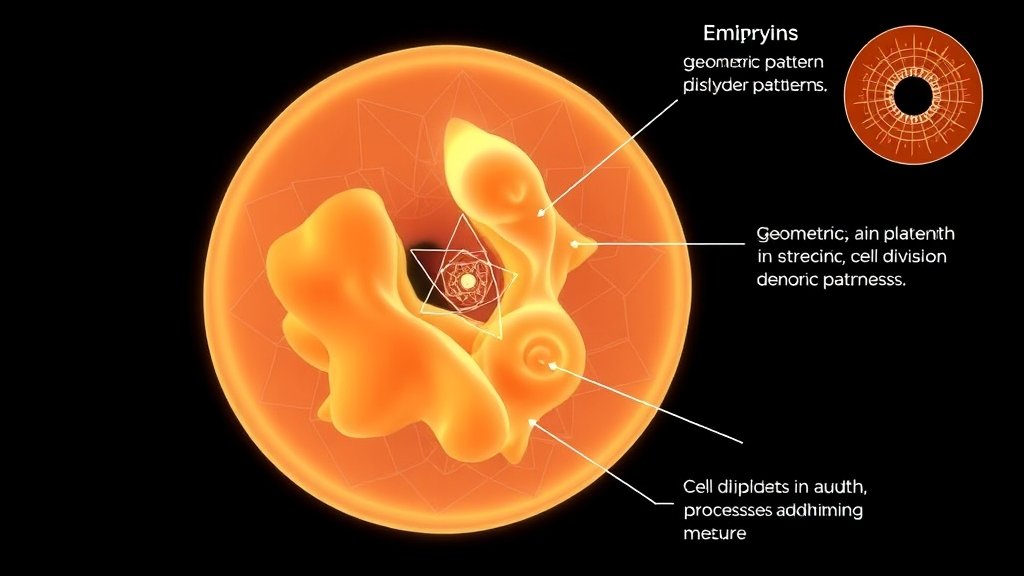 An illustration of a developing embryo with highlighted geometric patterns and cell division processes