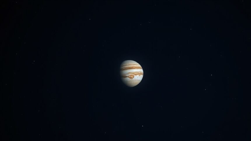 A high-quality image of the night sky with Jupiter prominently visible, with a few stars and constellations in the background, and a subtle moon glow.