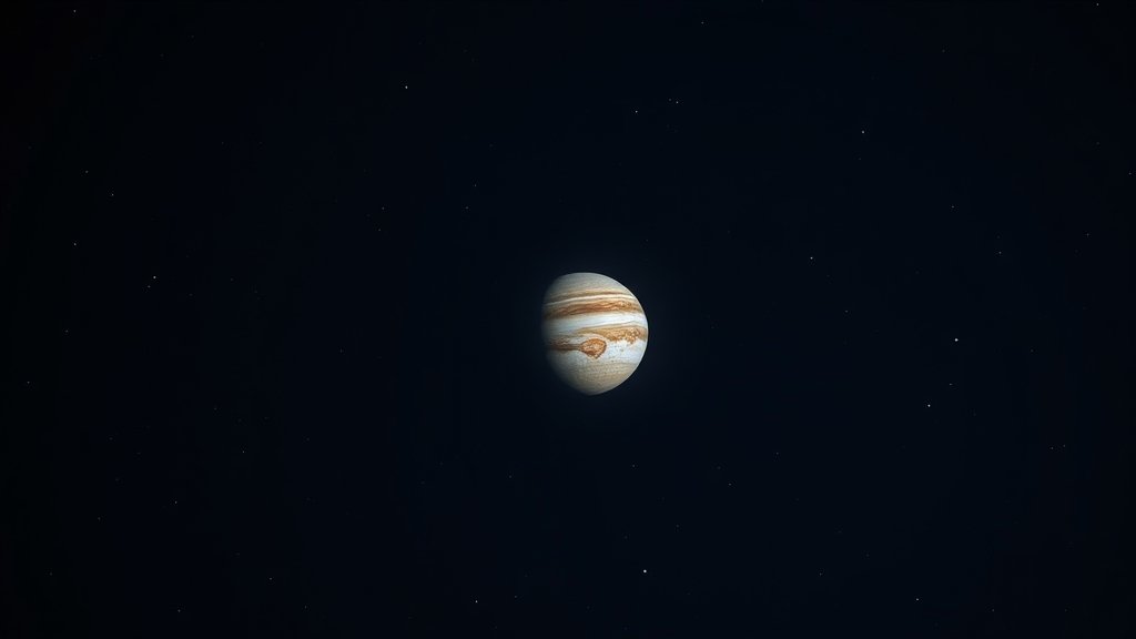 A high-quality image of the night sky with Jupiter prominently visible, with a few stars and constellations in the background, and a subtle moon glow.