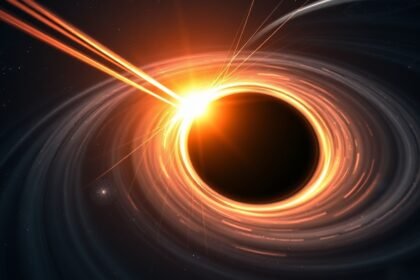 An illustration of a rapidly spinning black hole with a bright accretion disk and jets of energy emanating from its poles, set against a dark background with stars and galaxies in the distance.