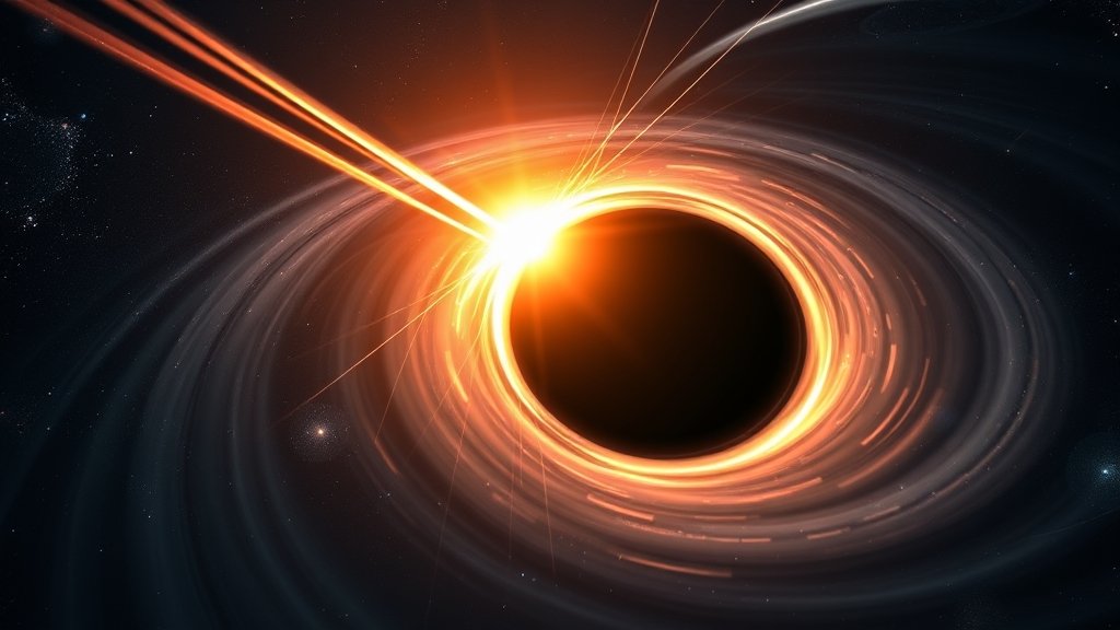 An illustration of a rapidly spinning black hole with a bright accretion disk and jets of energy emanating from its poles, set against a dark background with stars and galaxies in the distance.