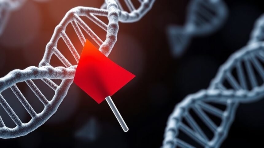 An illustration of a DNA double helix with a red flag or warning sign highlighting a specific section, symbolizing the potential link between "junk" DNA and Alzheimer's disease.
