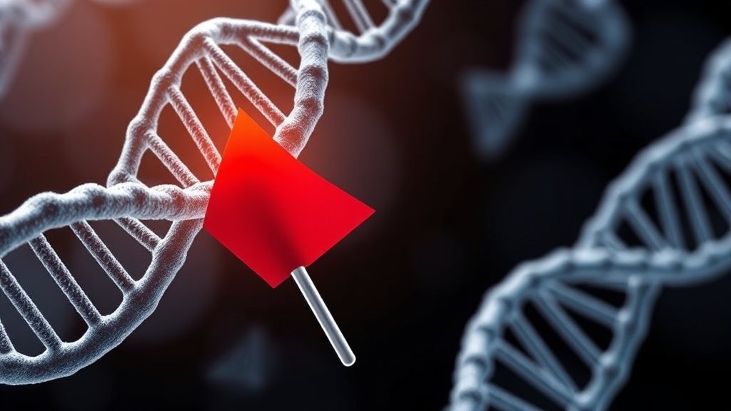An illustration of a DNA double helix with a red flag or warning sign highlighting a specific section, symbolizing the potential link between "junk" DNA and Alzheimer's disease.