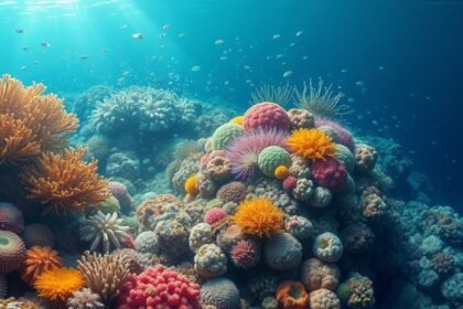 A detailed illustration of a coral reef in the Gulf of Aqaba, highlighting the diverse microbial community and its importance in the ecosystem