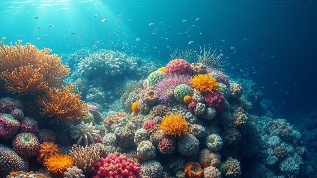 A detailed illustration of a coral reef in the Gulf of Aqaba, highlighting the diverse microbial community and its importance in the ecosystem