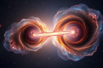 A stunning visual representation of two dwarf galaxies connected by a bridge of newborn stars, with vibrant colors and intricate details.