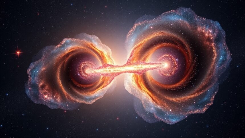 A stunning visual representation of two dwarf galaxies connected by a bridge of newborn stars, with vibrant colors and intricate details.