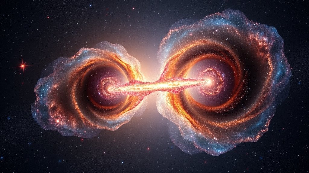 A stunning visual representation of two dwarf galaxies connected by a bridge of newborn stars, with vibrant colors and intricate details.