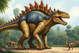 A detailed illustration of the world's oldest armored dinosaur, with a focus on its spiked armor plating and robust body structure, set against a backdrop of a lush, prehistoric forest.