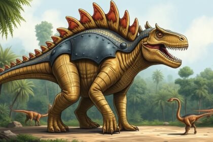 A detailed illustration of the world's oldest armored dinosaur, with a focus on its spiked armor plating and robust body structure, set against a backdrop of a lush, prehistoric forest.
