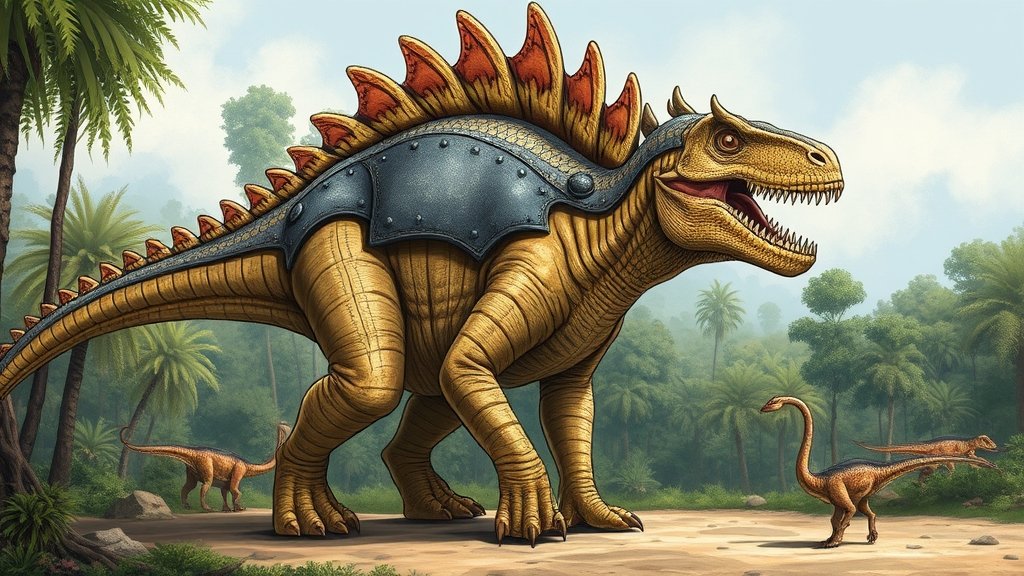 A detailed illustration of the world's oldest armored dinosaur, with a focus on its spiked armor plating and robust body structure, set against a backdrop of a lush, prehistoric forest.