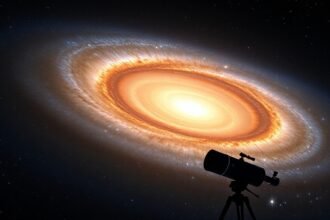 An artist's impression of a distant galaxy with a bright star-forming region, surrounded by a halo of gas and dust, with the James Webb Space Telescope in the foreground.