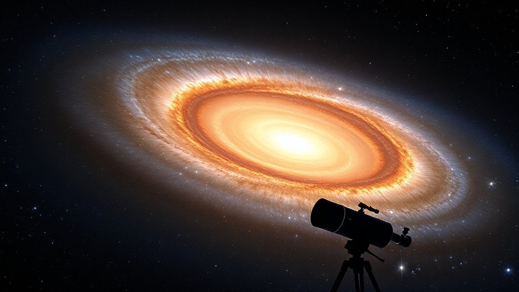 An artist's impression of a distant galaxy with a bright star-forming region, surrounded by a halo of gas and dust, with the James Webb Space Telescope in the foreground.