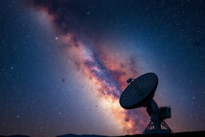 A high-resolution image of the Milky Way galaxy with a radio telescope in the foreground, capturing the intricate details of the galaxy's structure.