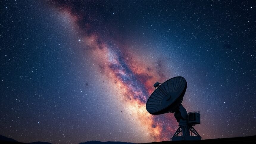 A high-resolution image of the Milky Way galaxy with a radio telescope in the foreground, capturing the intricate details of the galaxy's structure.