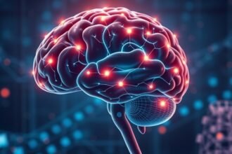 A futuristic illustration of a human brain with glowing neurons and a transmitter in the background, symbolizing the connection between neuroscience and artificial intelligence.