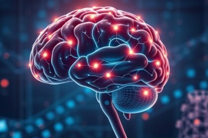 A futuristic illustration of a human brain with glowing neurons and a transmitter in the background, symbolizing the connection between neuroscience and artificial intelligence.