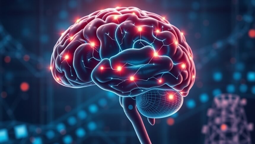 A futuristic illustration of a human brain with glowing neurons and a transmitter in the background, symbolizing the connection between neuroscience and artificial intelligence.