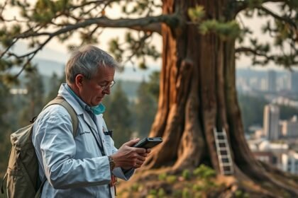 a photo of a scientist working to protect a state icon, such as a giant tree or a endangered species, with a subtle background of a city or a polluted environment to highlight the contrast between nature and human activities