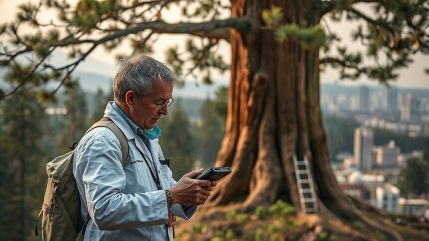 a photo of a scientist working to protect a state icon, such as a giant tree or a endangered species, with a subtle background of a city or a polluted environment to highlight the contrast between nature and human activities