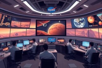 A futuristic illustration of the NASA JPL Rover Operations Center with scientists and engineers working together, surrounded by screens displaying data and images from Mars and other planets.