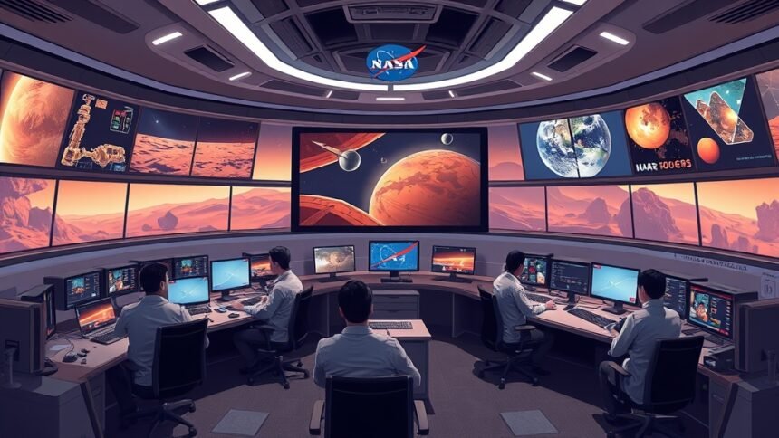 A futuristic illustration of the NASA JPL Rover Operations Center with scientists and engineers working together, surrounded by screens displaying data and images from Mars and other planets.