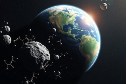 An illustration of the Earth with a asteroid in the background, with RNA molecules and other organic compounds emerging from the asteroid's surface