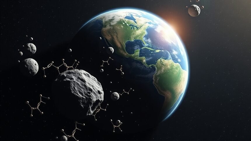 An illustration of the Earth with a asteroid in the background, with RNA molecules and other organic compounds emerging from the asteroid's surface