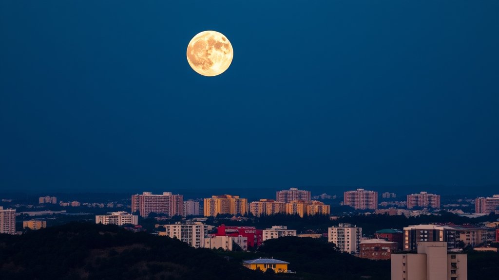 A high-resolution photo of the Wolf Supermoon rising over a cityscape or a natural landscape, with a clear view of the full moon and Jupiter in the sky.