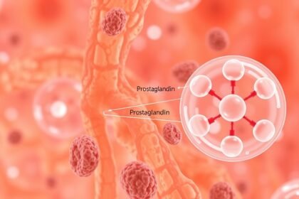 A microscopic image of knee cartilage cells with a 3D illustration of prostaglandin signaling pathways in the background