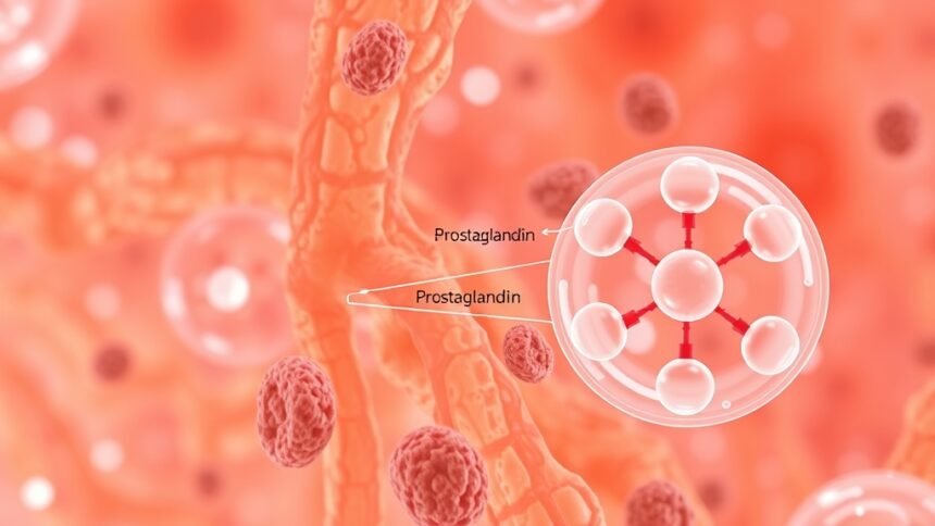 A microscopic image of knee cartilage cells with a 3D illustration of prostaglandin signaling pathways in the background