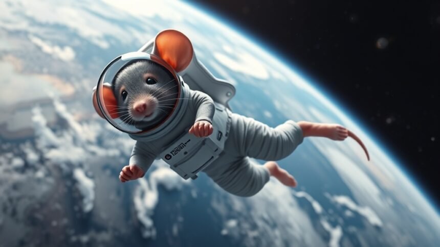 an image of a mouse in a space suit floating in space with the earth in the background