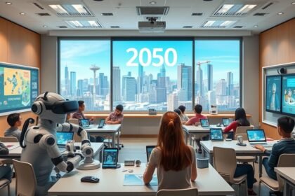 A futuristic classroom with AI-powered robots and virtual reality tools, where students are engaged in interactive learning experiences, surrounded by screens and gadgets displaying educational content, with a cityscape in the background representing the year 2050.