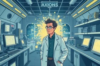 An illustration of a scientist in a laboratory setting, surrounded by various equipment and screens, with a faint glow of particles in the background, symbolizing the search for dark matter axions.
