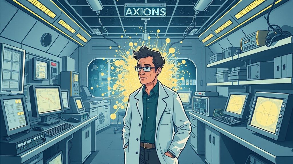 An illustration of a scientist in a laboratory setting, surrounded by various equipment and screens, with a faint glow of particles in the background, symbolizing the search for dark matter axions.