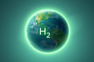 An illustration of the Earth with a hydrogen molecule (H2) in the foreground, surrounded by a subtle glow of green to represent its potential as a clean energy source, while in the background, a faint image of a methane molecule (CH4) is visible, symbolizing the complex relationship between hydrogen and methane in the context of climate change.