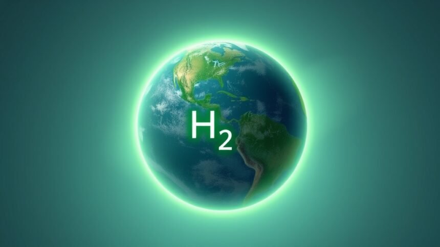 An illustration of the Earth with a hydrogen molecule (H2) in the foreground, surrounded by a subtle glow of green to represent its potential as a clean energy source, while in the background, a faint image of a methane molecule (CH4) is visible, symbolizing the complex relationship between hydrogen and methane in the context of climate change.